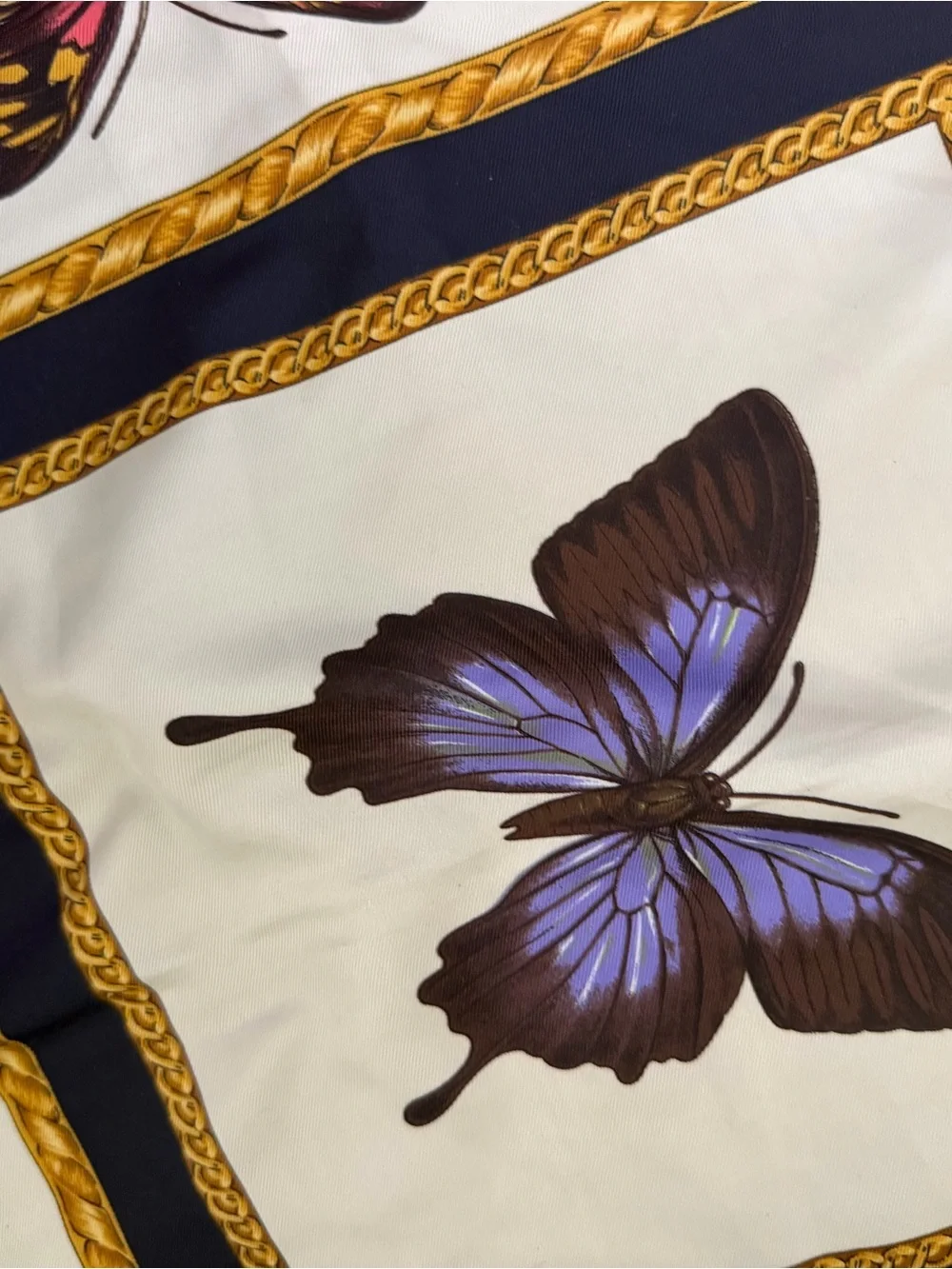 Butterfly Print Poly Scarf in Cream, Green & Purple